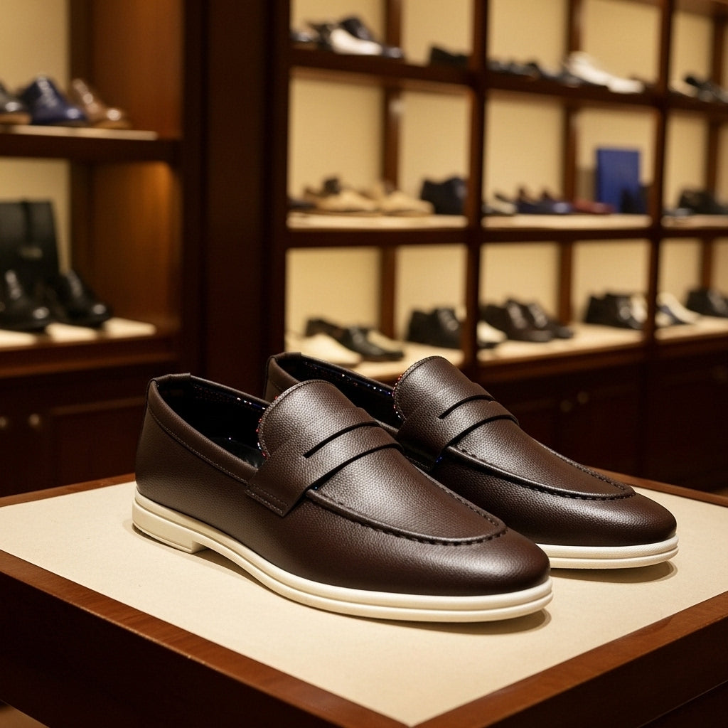 Men's Textured Brown Leather Penny Loafers with Contrasting White Sole