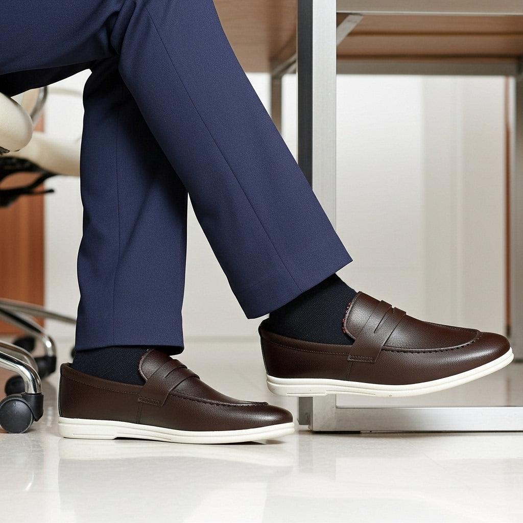 Men's Textured Brown Leather Penny Loafers with Contrasting White Sole