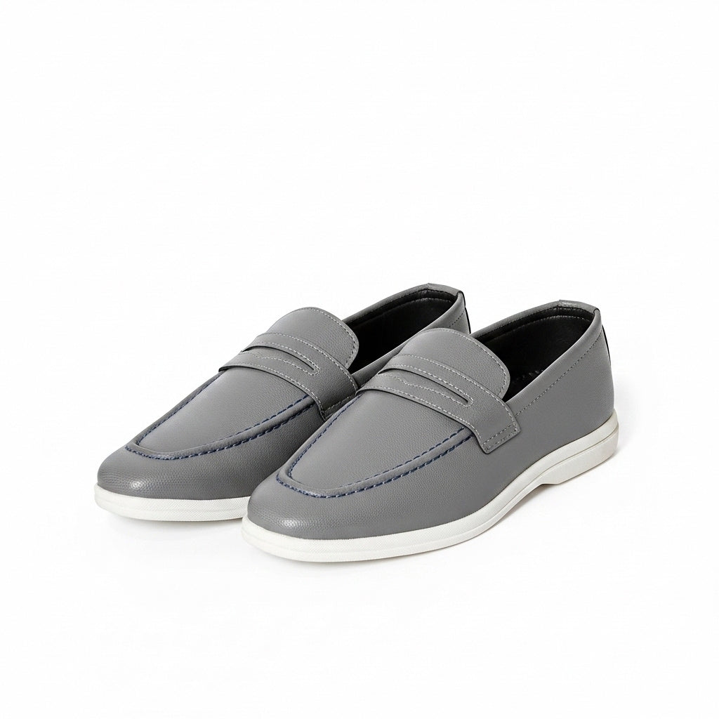 Men's Textured Grey Leather Penny Loafers with Contrasting White Sole