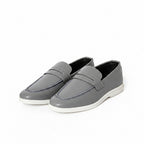 Men's Textured Grey Leather Penny Loafers with Contrasting White Sole