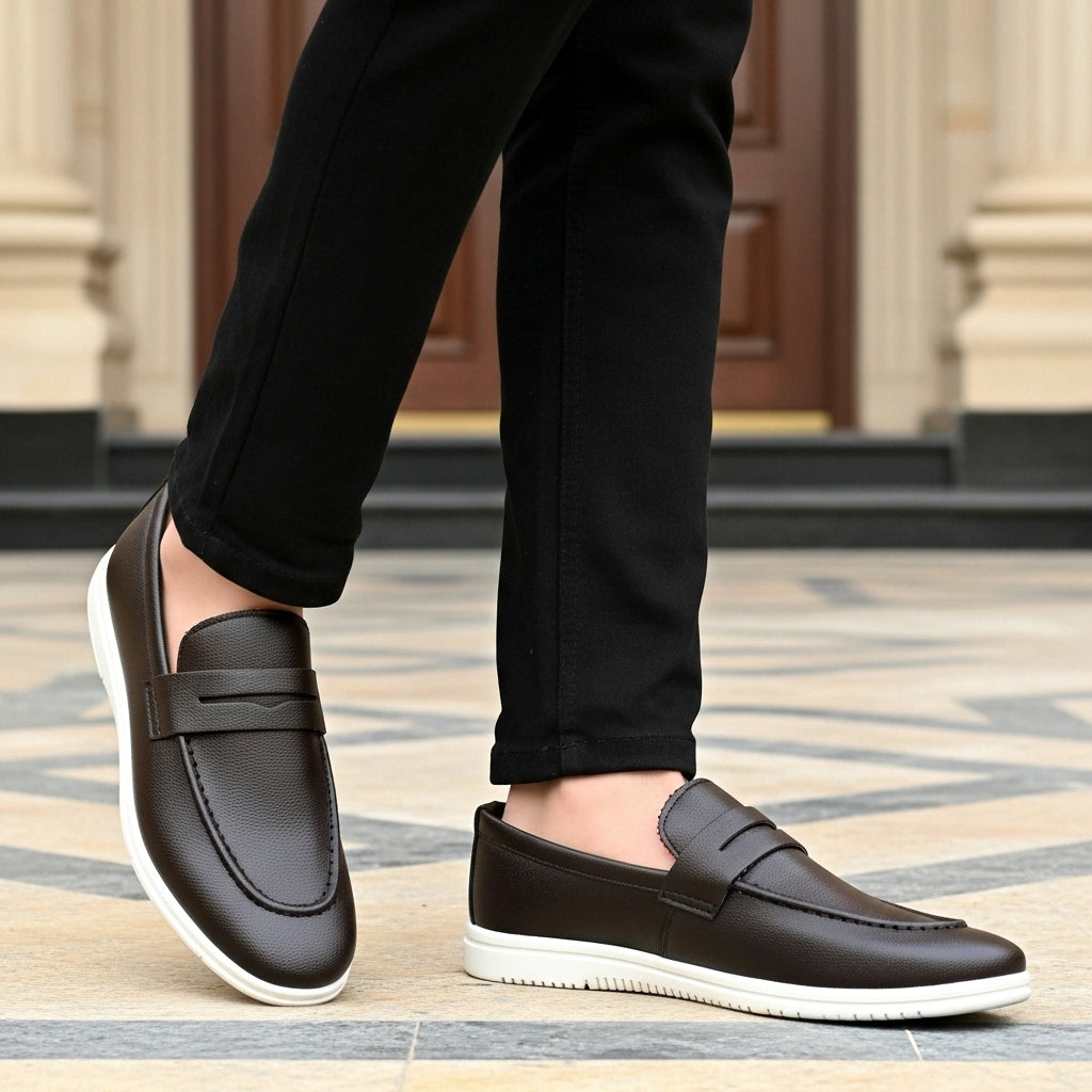 Men's Textured Brown Leather Penny Loafers with Contrasting White Sole