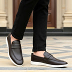 Men's Textured Brown Leather Penny Loafers with Contrasting White Sole