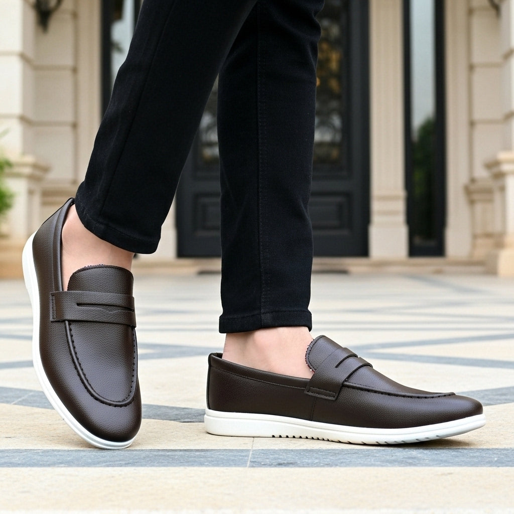 Men's Textured Brown Leather Penny Loafers with Contrasting White Sole