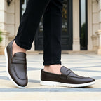Men's Textured Brown Leather Penny Loafers with Contrasting White Sole