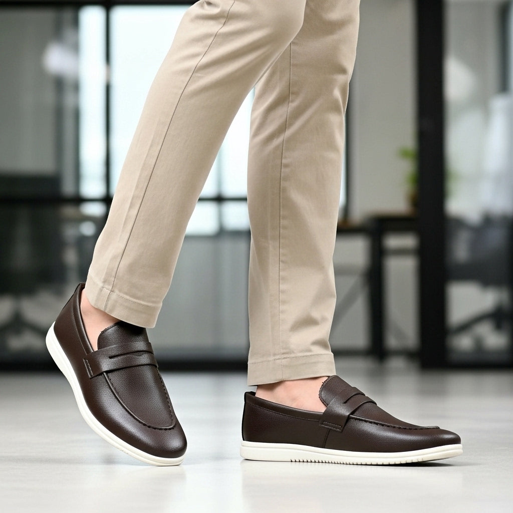 Men's Textured Brown Leather Penny Loafers with Contrasting White Sole