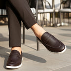 Men's Textured Brown Leather Penny Loafers with Contrasting White Sole