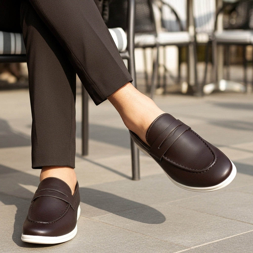 Men's Textured Brown Leather Penny Loafers with Contrasting White Sole