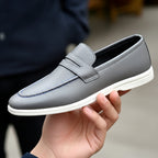 Men's Textured Grey Leather Penny Loafers with Contrasting White Sole