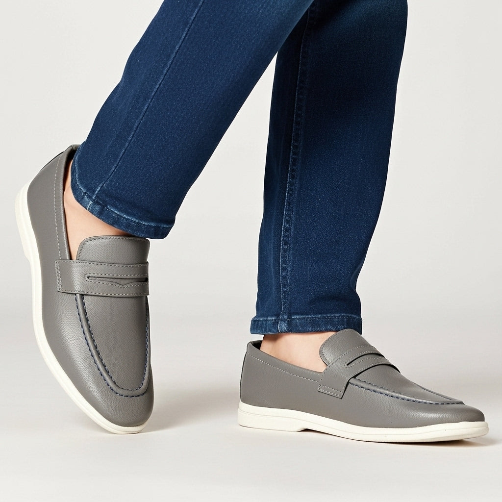 Men's Textured Grey Leather Penny Loafers with Contrasting White Sole