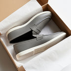 Men's Textured Grey Leather Penny Loafers with Contrasting White Sole