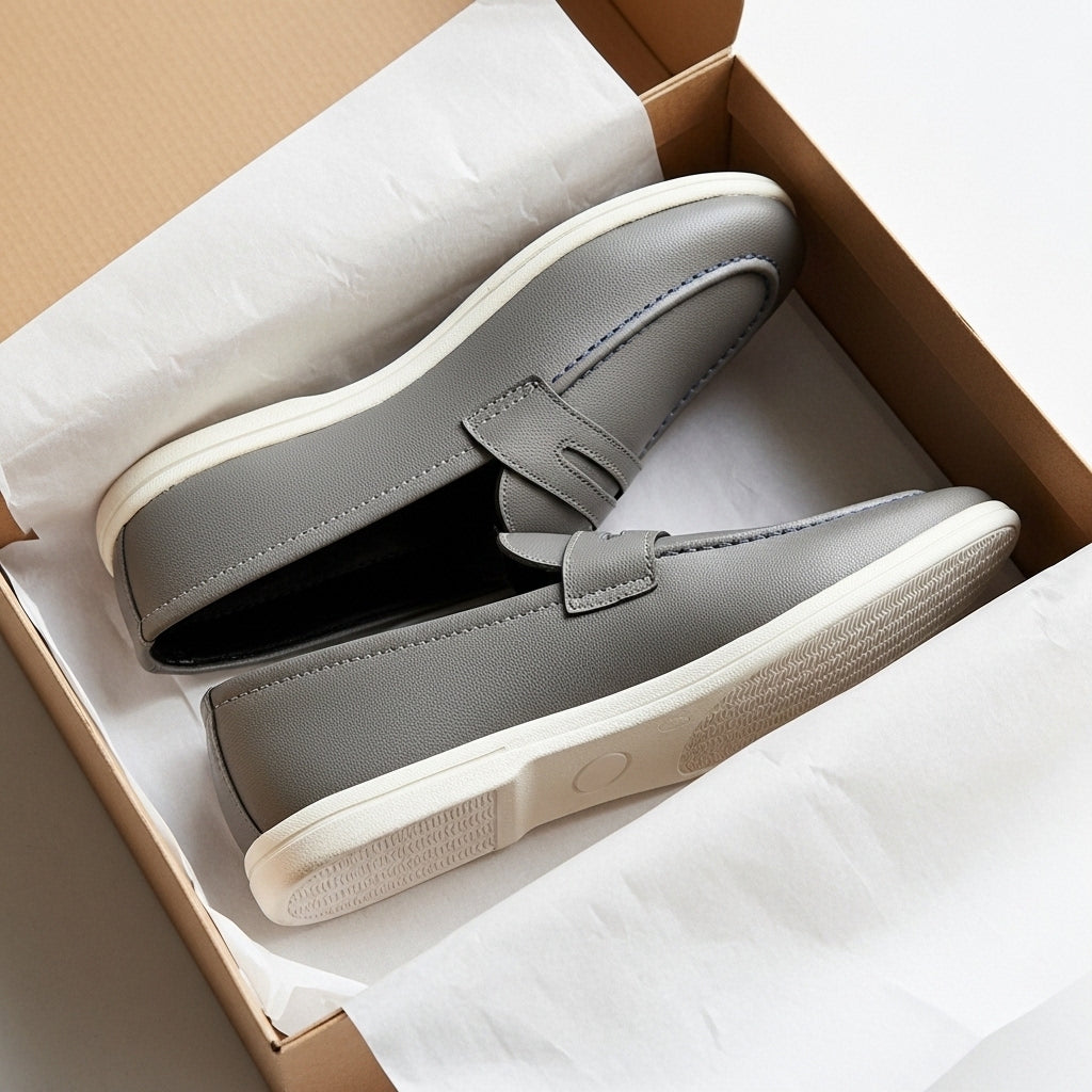 Men's Textured Grey Leather Penny Loafers with Contrasting White Sole