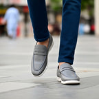 Men's Textured Grey Leather Penny Loafers with Contrasting White Sole