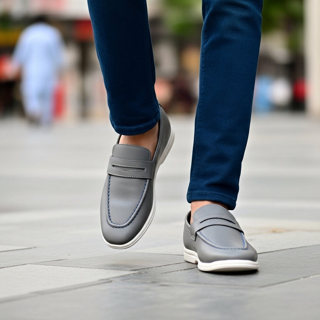Men's Textured Grey Leather Penny Loafers with Contrasting White Sole