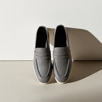 Men's Textured Grey Leather Penny Loafers with Contrasting White Sole