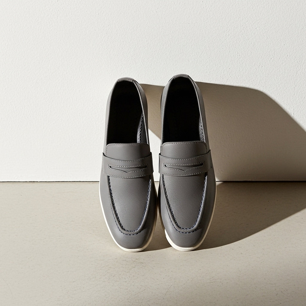 Men's Textured Grey Leather Penny Loafers with Contrasting White Sole