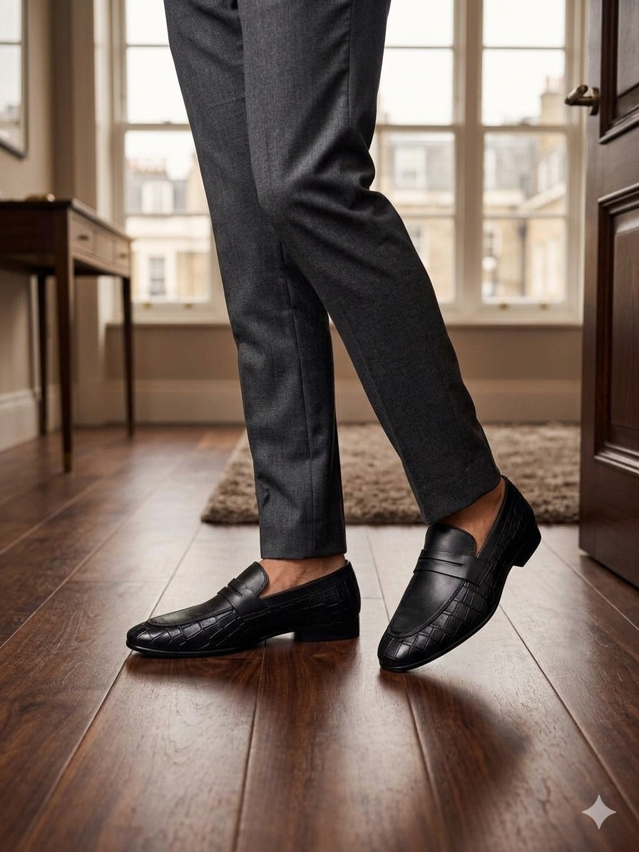 Men’s Black Premium Crocodile Style Handmade Leather Loafer | MMS Shoes