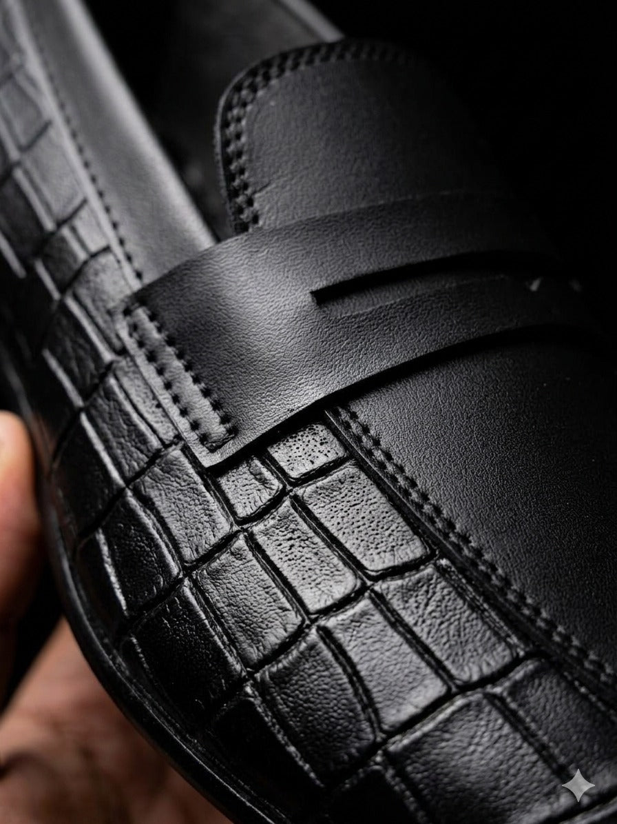 Men’s Black Premium Crocodile Style Handmade Leather Loafer | MMS Shoes