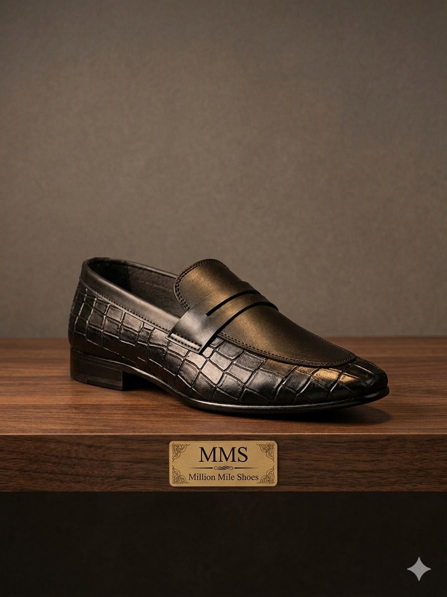 Men’s Black Premium Crocodile Style Handmade Leather Loafer | MMS Shoes