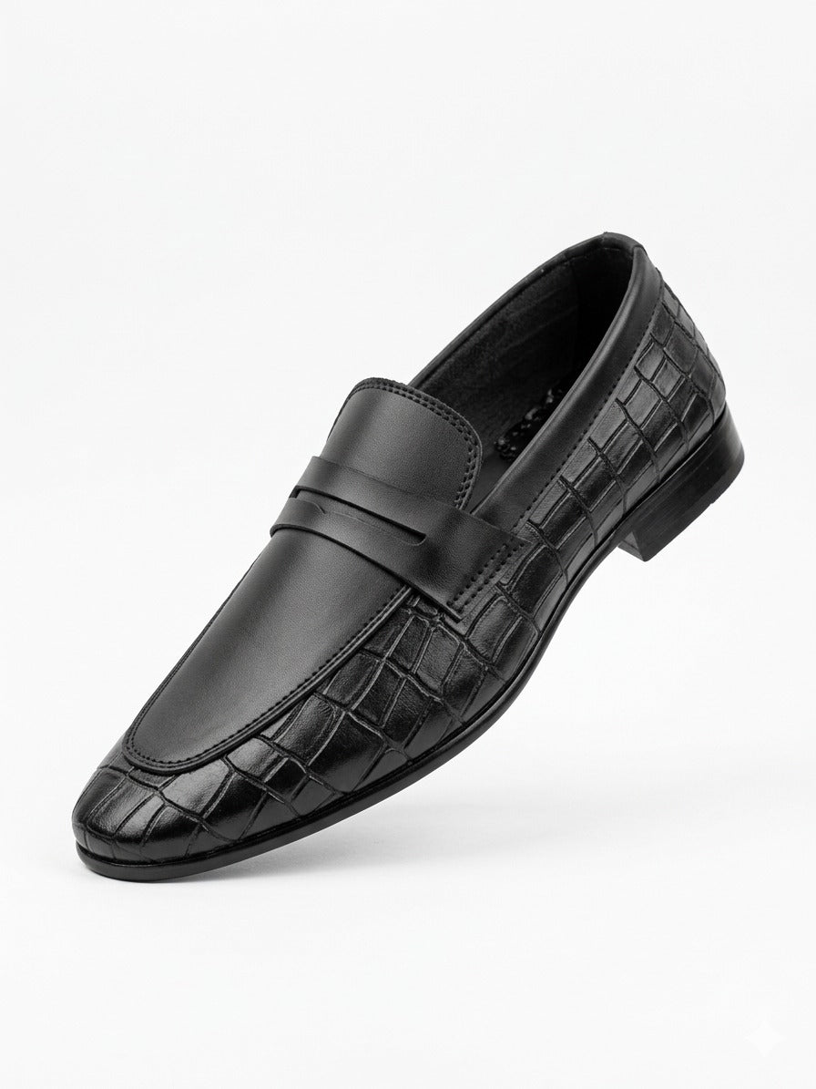 Men’s Black Premium Crocodile Style Handmade Leather Loafer | MMS Shoes