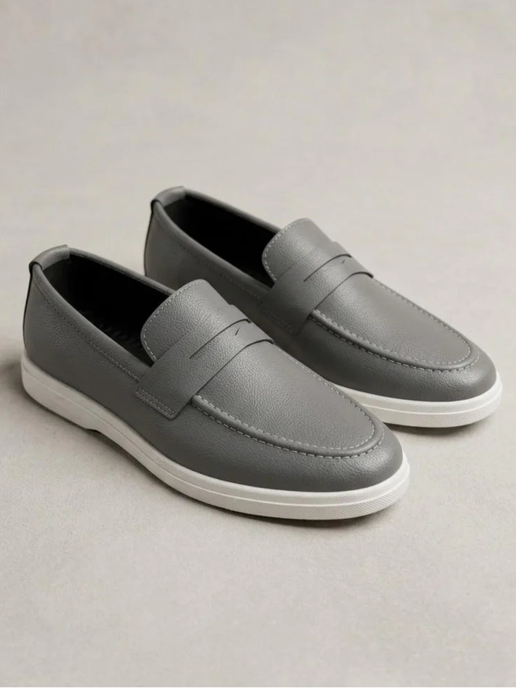 Men's Textured Grey Leather Penny Loafers with Contrasting White Sole