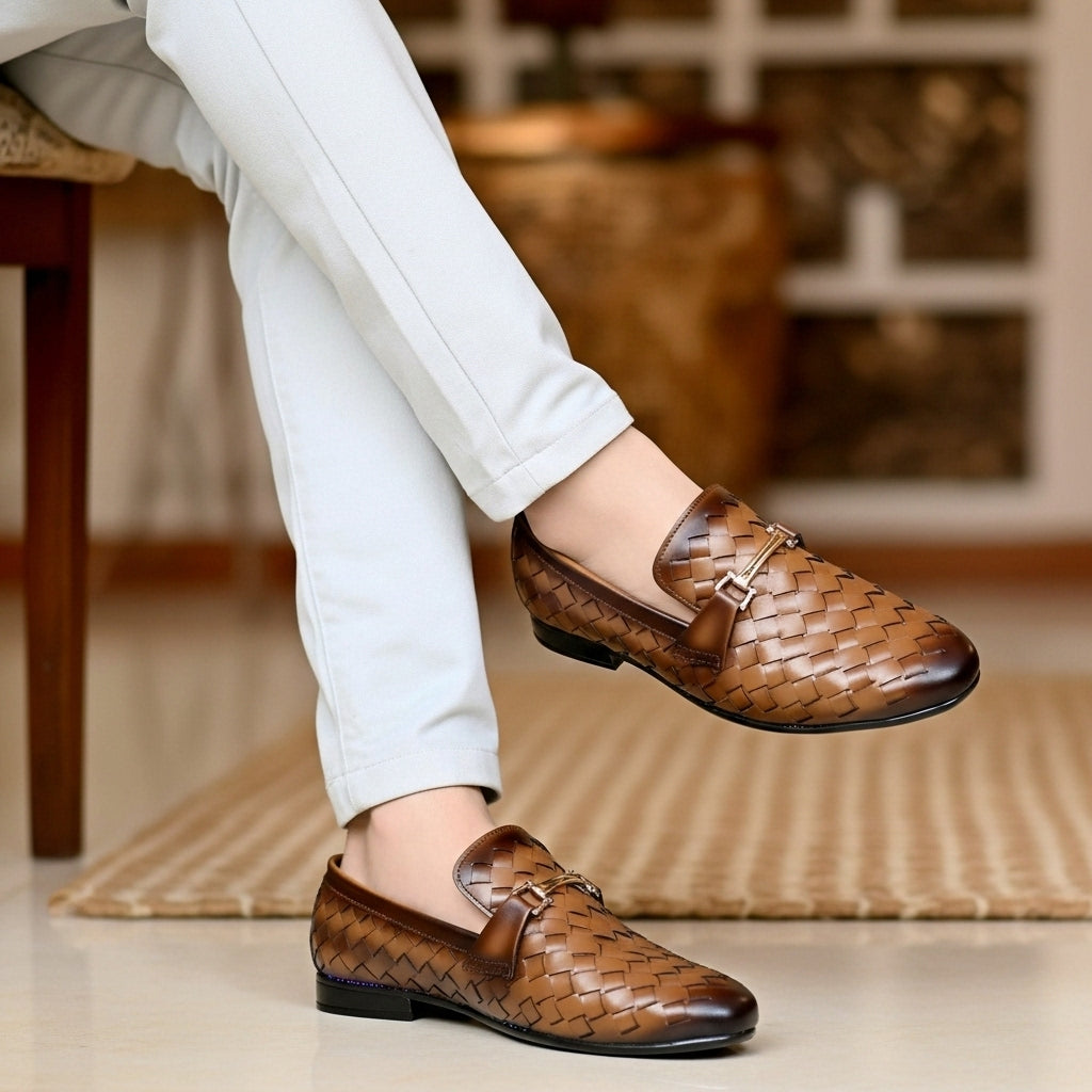 Handmade Pure Leather Brown Woven Loafer Dress Shoes : Italian Style Slip-Ons