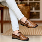 Handmade Pure Leather Brown Woven Loafer Dress Shoes : Italian Style Slip-Ons