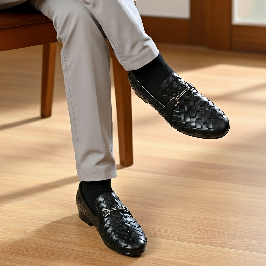 Woven Leather Loafer Black | Premium Quality | All Season Shoe